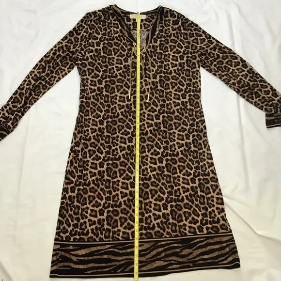 MICHAEL KORS WOMEN LEOPARD/ TIGER SHEATH LONG-SLEEVE DRESS SIZE L GOLD CHAIN - Picture 7 of 8